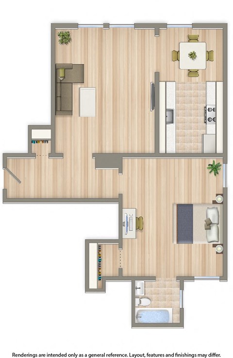 one bedroom apartment floor plan rendering at the klingle apartments in washington dc